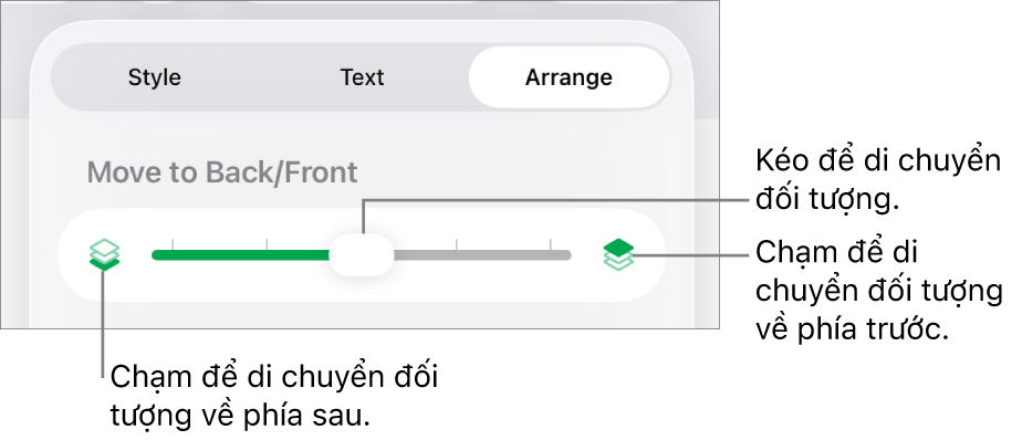 Nút Chuyển ra sau, nút Chuyển ra trước và thanh trượt tạo lớp.
