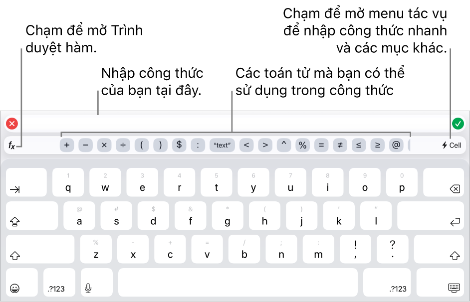 Bàn phím công thức với Trình sửa công thức ở trên cùng và các toán tử được sử dụng trong các công thức ở bên dưới. Nút Hàm để mở Trình duyệt hàm nằm ở bên trái của các toán tử và nút menu Tác vụ nằm ở bên phải.