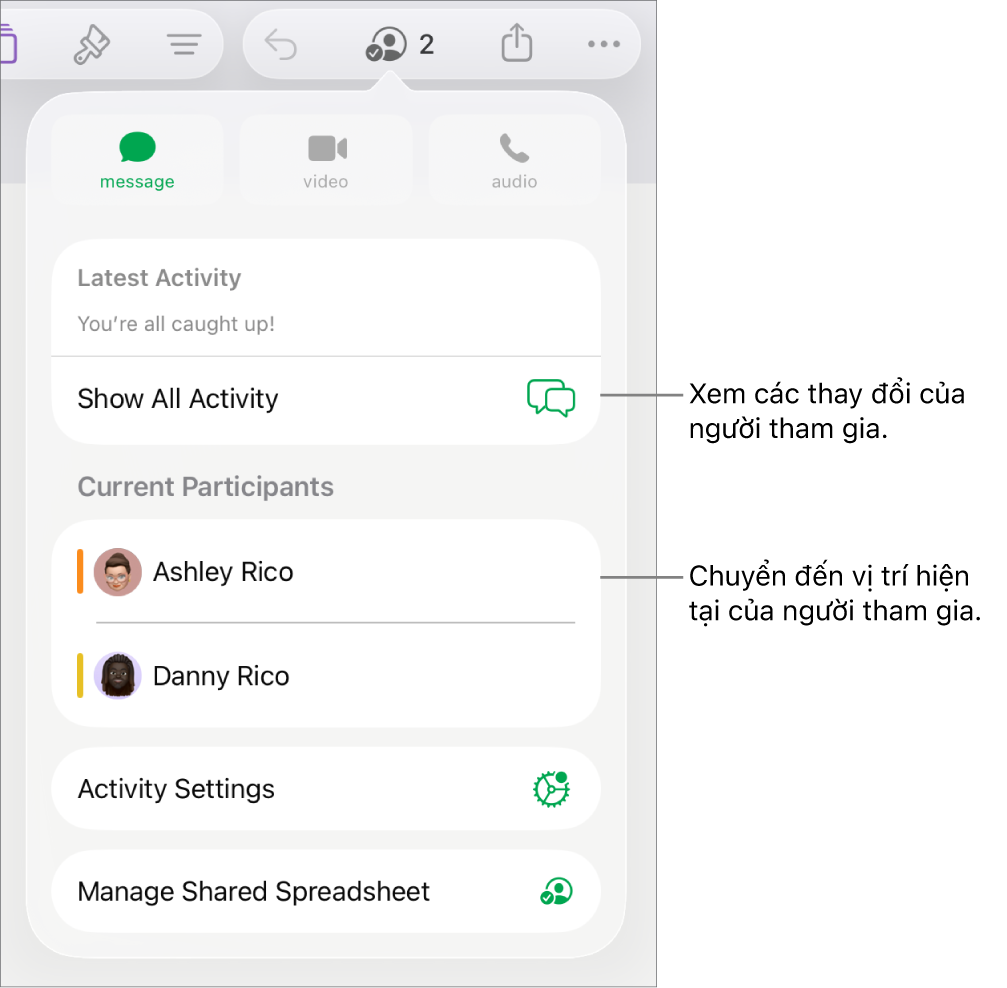 Menu cộng tác có những người tham gia hiện tại được liệt kê.