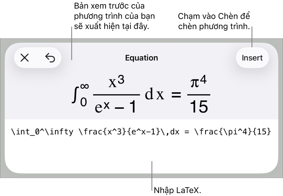 Hộp thoại Phương trình, đang hiển thị phương trình được viết bằng các lệnh LaTex và bản xem trước của công thức ở bên trên.