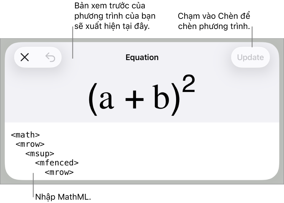 Hộp thoại Phương trình, đang hiển thị phương trình được viết bằng các lệnh MathML và bản xem trước của công thức ở bên trên.