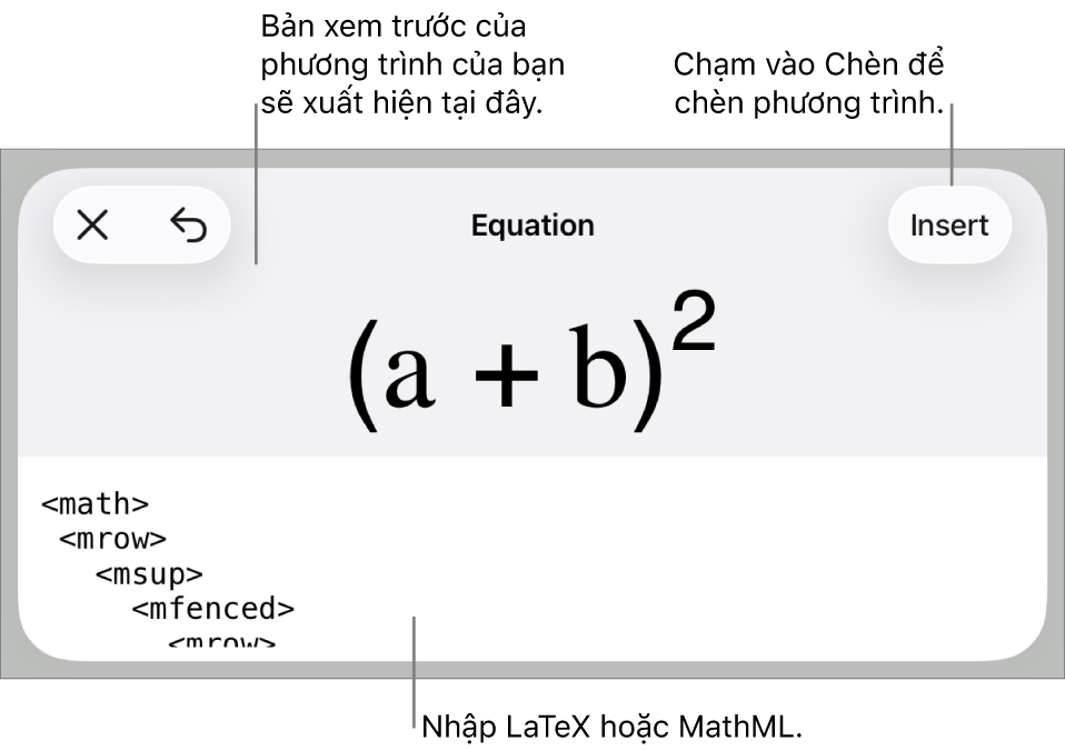 Hộp thoại Phương trình, đang hiển thị phương trình được viết bằng các lệnh MathML và bản xem trước của công thức ở bên trên.