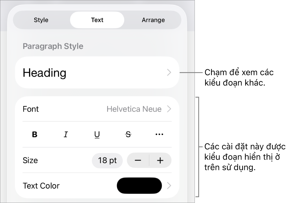 Menu Định dạng đang hiển thị các điều khiển văn bản để đặt kiểu, phông chữ, kích cỡ và màu của đoạn và ký tự.