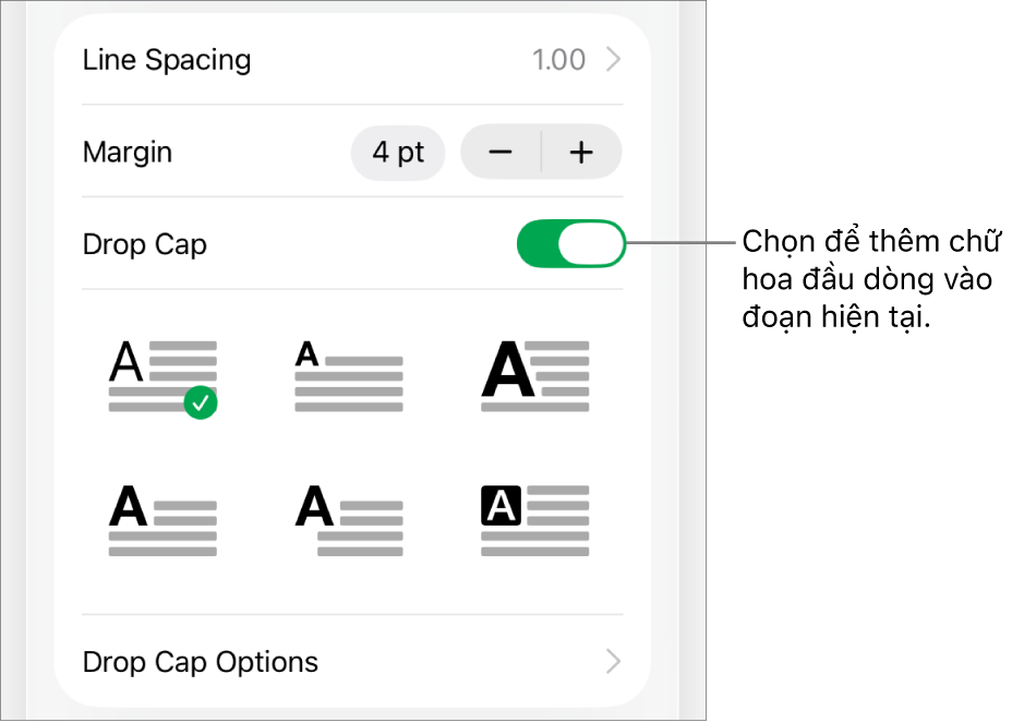 Các điều khiển Chữ hoa đầu dòng nằm trong menu Văn bản.