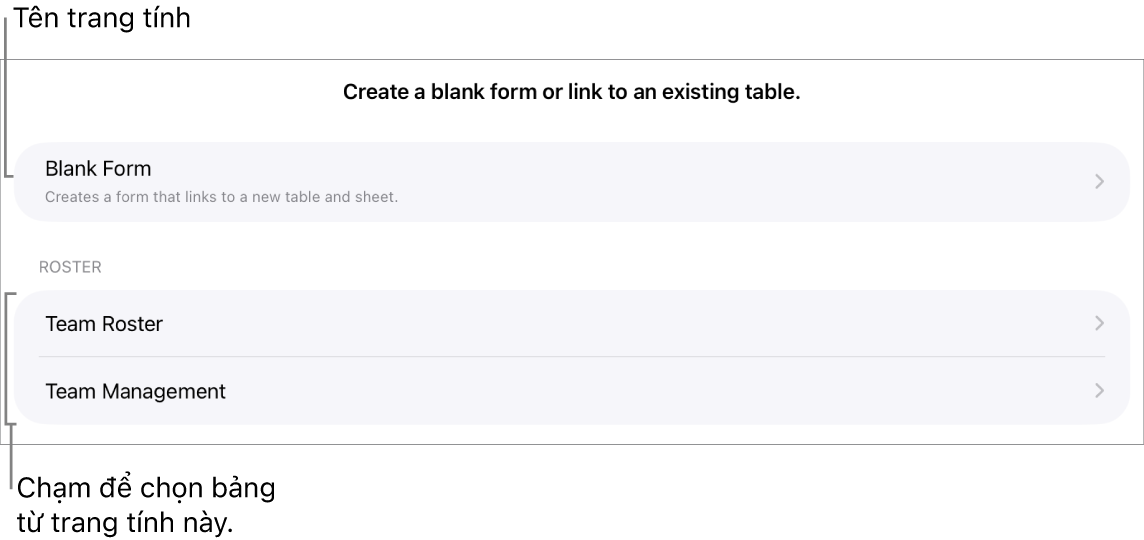 Danh sách các bảng trong cùng một bảng tính, với tùy chọn để tạo biểu mẫu trống ở trên cùng.
