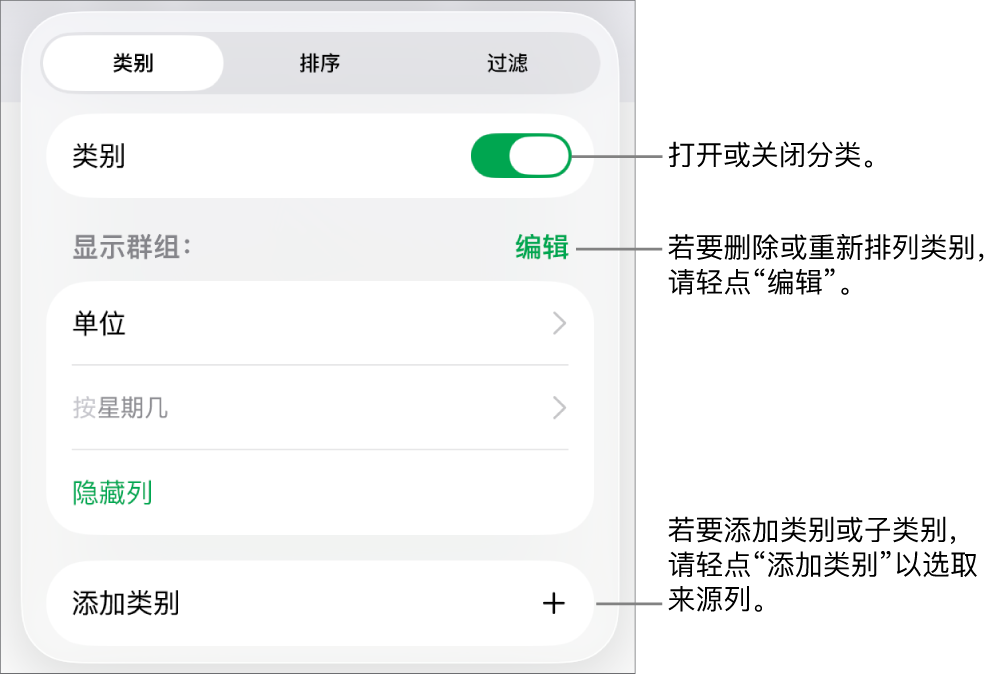 iPad 上的“类别”菜单带有以下选项：关闭类别、删除类别、重新成组数据、隐藏来源列和添加类别。