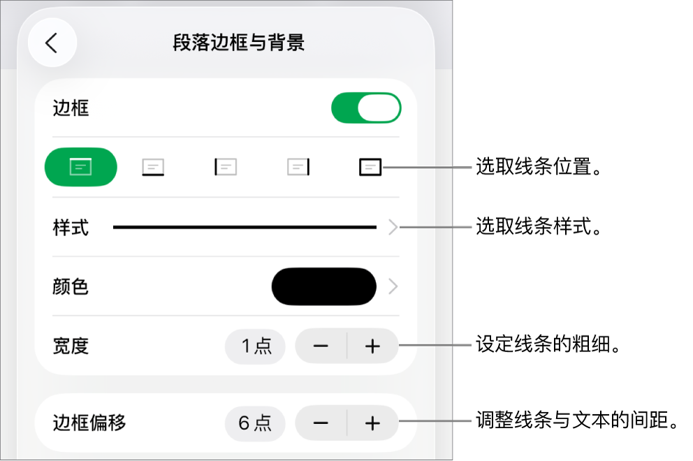 更改线条样式、粗细、位置和颜色的控制。