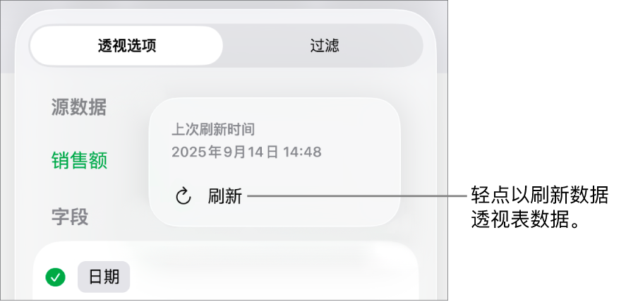 “透视选项”菜单显示刷新数据透视表的选项。