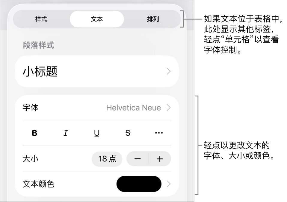 “格式”菜单中的“文本”控制，用于设定段落和字符样式、字体、大小和颜色。