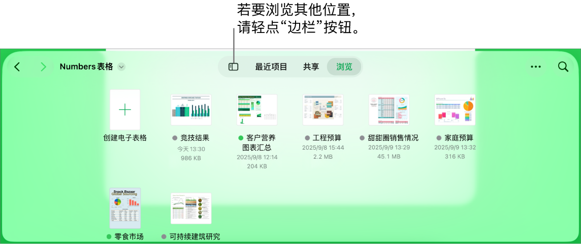 文稿管理器的浏览视图，左上角带有位置链接，其下方是搜索栏。右上角是“添加电子表格”按钮，“新建文件夹”按钮，用于选择列表或图标视图以及按名称、日期、大小、种类和标签过滤的弹出式菜单以及“选择”按钮。这些按钮下方是现有电子表格的缩略图。