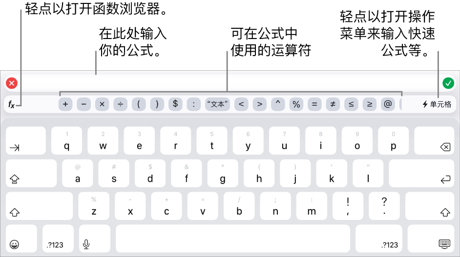 公式键盘,其中公式编辑器位于顶部,公式中所用的运算符显示在下方。用来打开函数浏览器的“函数”按钮位于运算符左边,“操作菜单”按钮位于运算符右边。