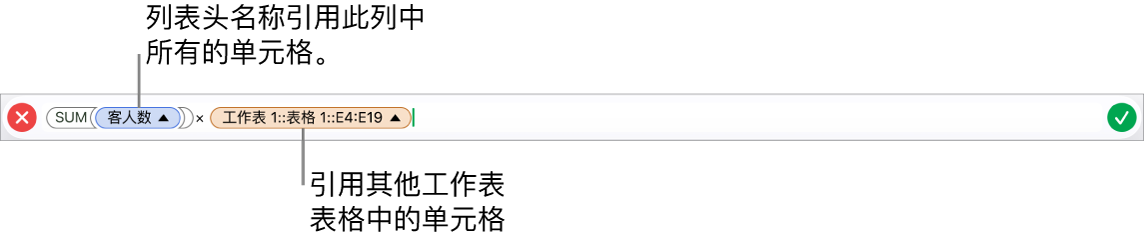 公式编辑器,显示公式引用了一个表格中的列和另一个表格中的单元格。