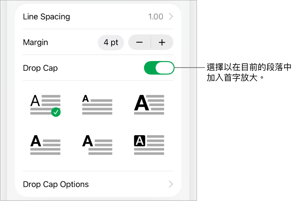 「首字放大」控制項目位於「文字」選單。
