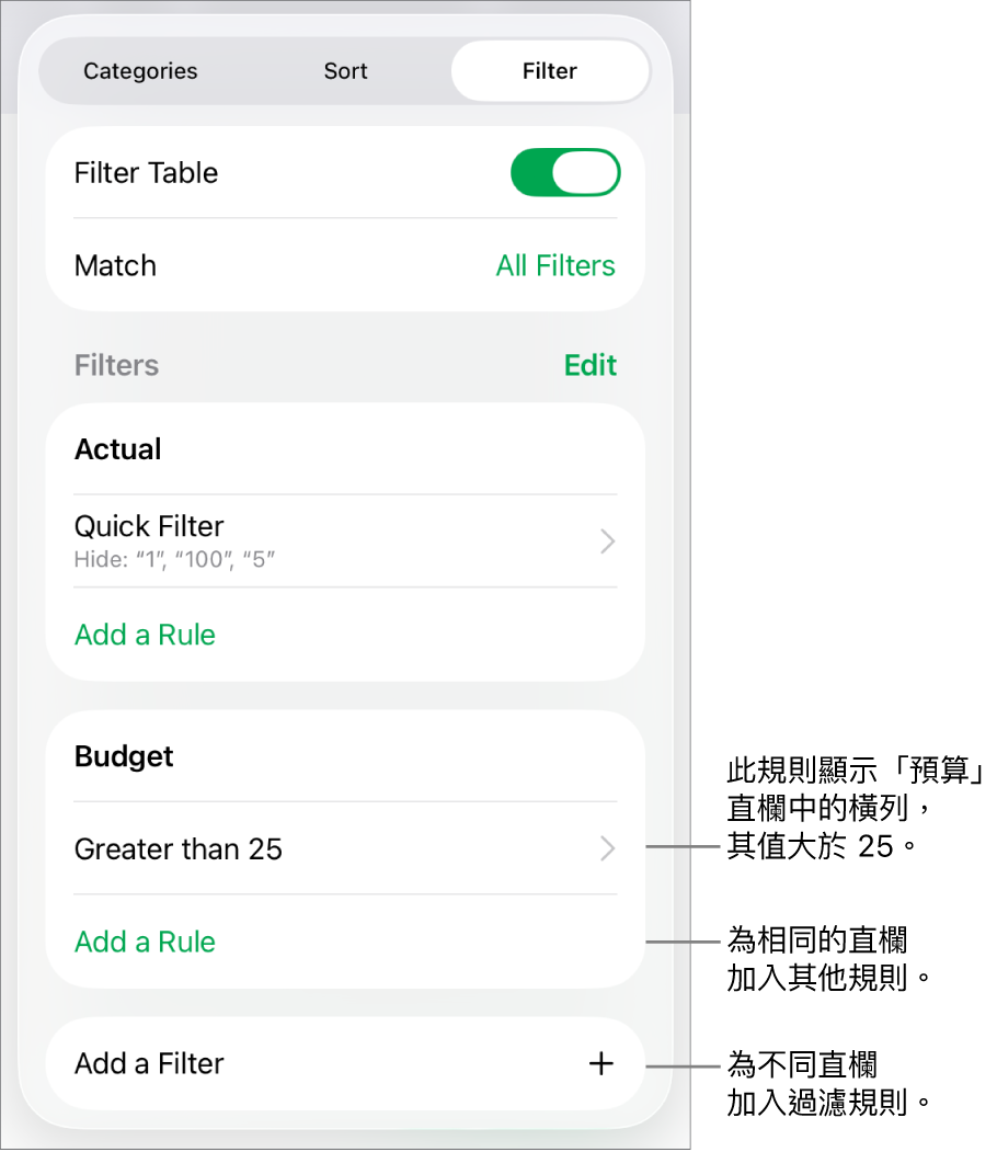 控制項目,用於加入新過濾規則或編輯現有過濾規則。