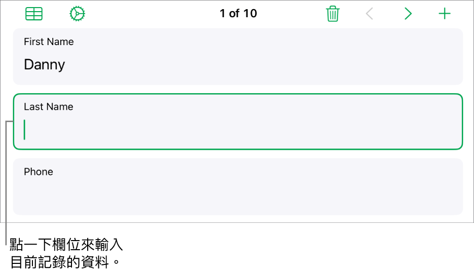 表單中的記錄，顯示一個包含插入點的活躍欄位。