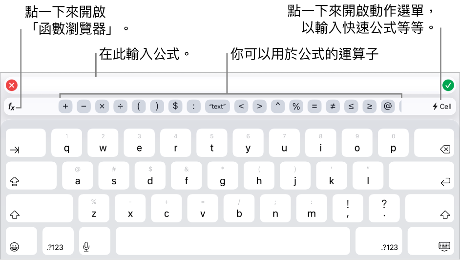 公式鍵盤,最上方是「公式編輯器」,下方是用於公式的運算子。用於開啟「函數瀏覽器」的「函數」按鈕位於運算子左側,「動作」選單按鈕位於右側。