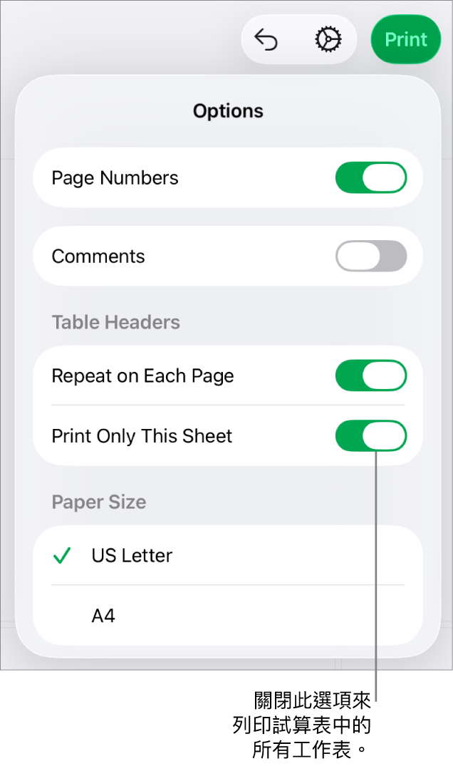 預覽列印面板,帶有以下控制項目:顯示頁碼、重複每頁標題、更改紙張大小,以及選擇要列印整份試算表或只列印目前的工作表。