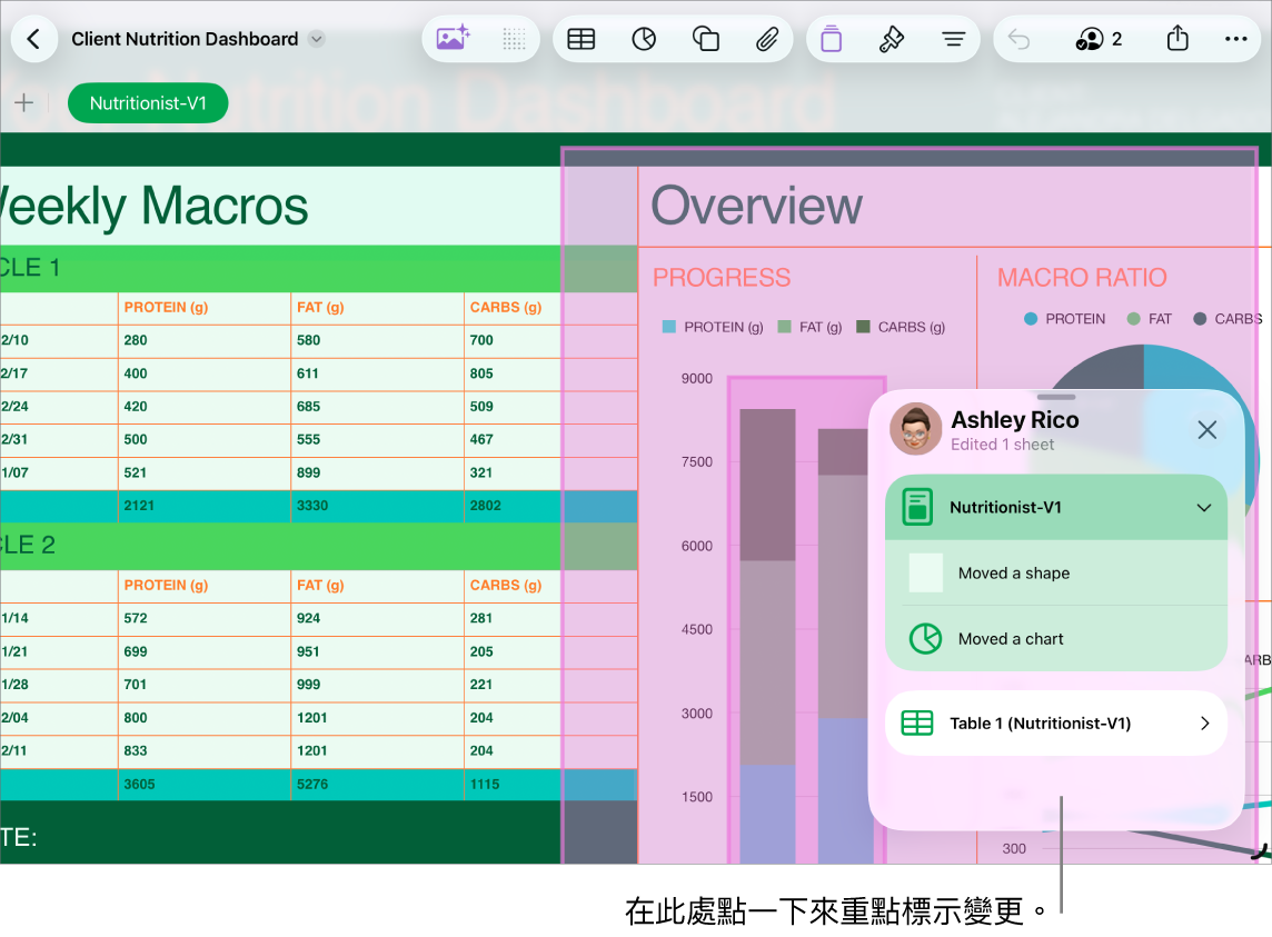 共同編輯試算表,其中活動列表已開啟。