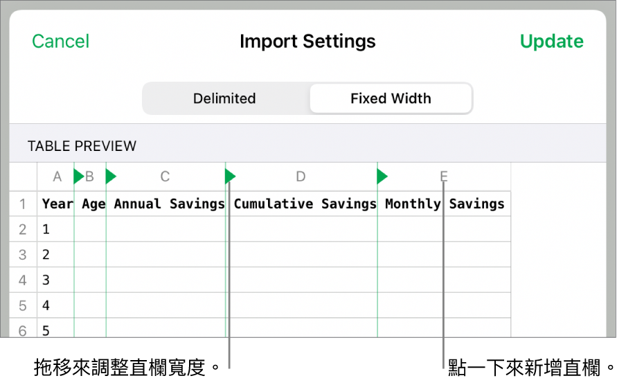 等寬文字檔案的輸入設定。