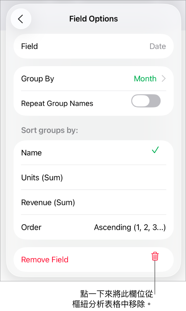 「欄位選項」選單，其顯示群組和排序資料的控制項目，以及移除欄位的選項。