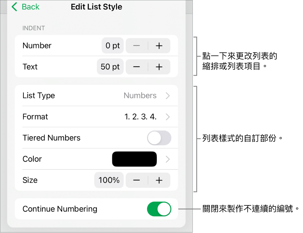 使用縮排間距、列表類型和格式、階層式編號、列表顏色和大小,以及繼續編號的控制項目編輯「列表樣式」。
