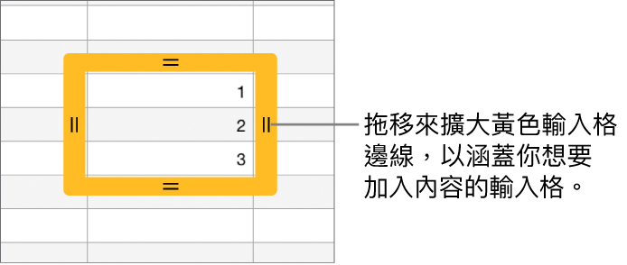 所選的輸入格帶有大的黃色邊線，你可以拖移來自動填寫輸入格。