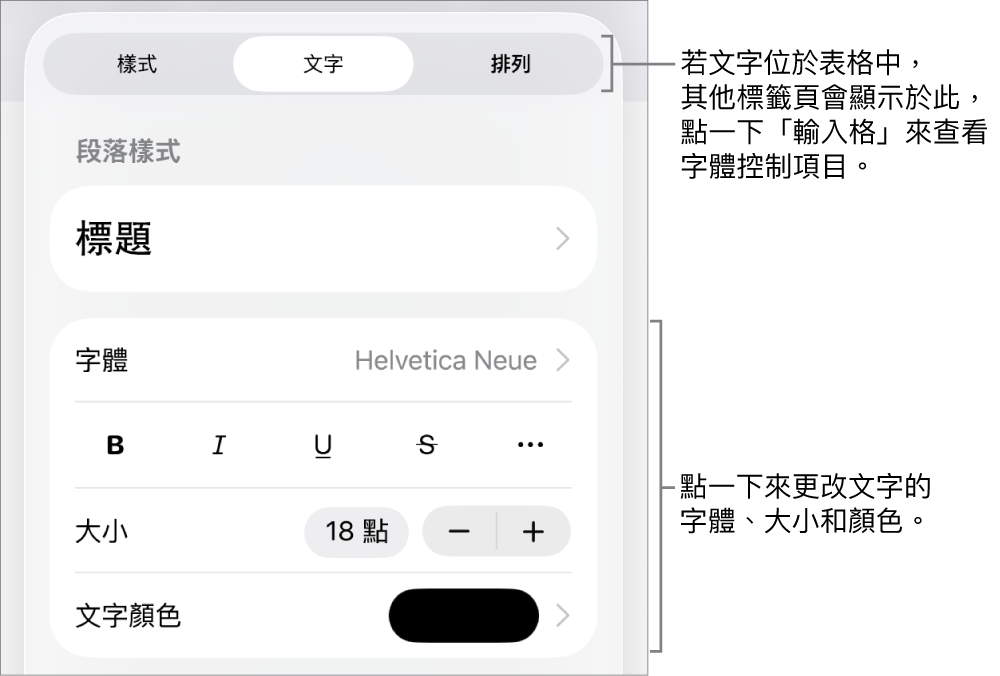「格式」選單中設定段落及字元樣式、字體、大小和顏色的文字控制項目。