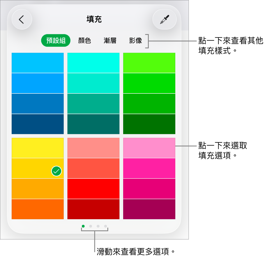 「格式」按鈕其「樣式」標籤頁中的填充選項。