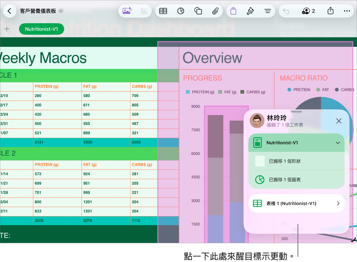 合作試算表帶有開啟的活動列表。