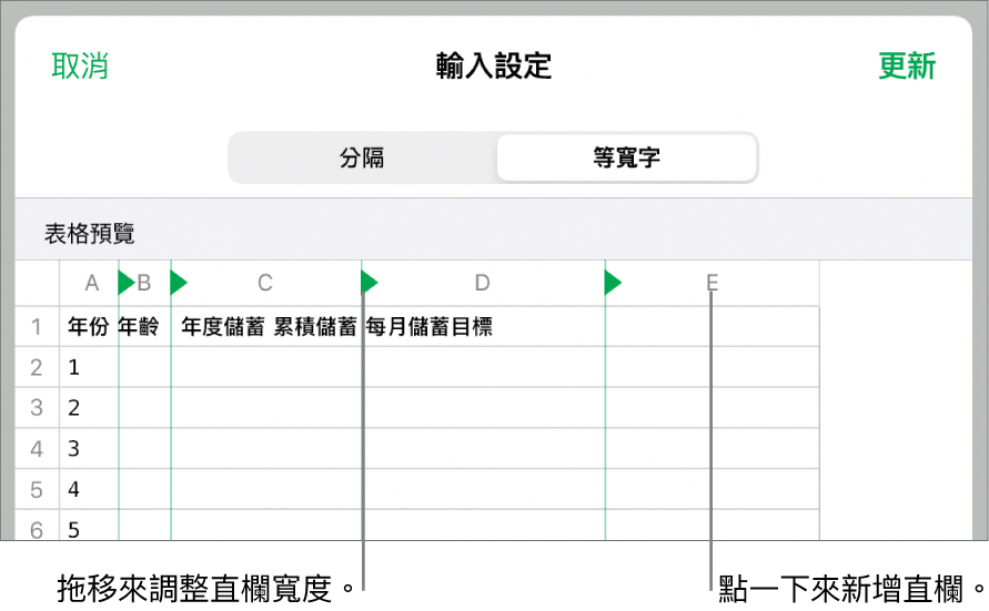 等寬文字檔案的輸入設定。