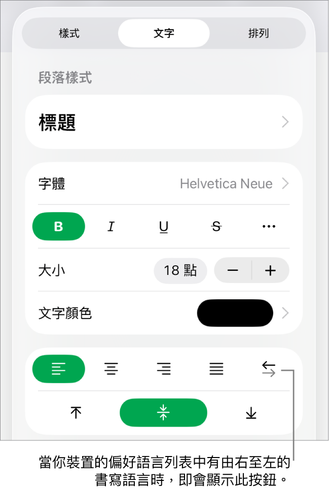 「格式」選單的「樣式」區域,說明文字指向「由右至左」按鈕。
