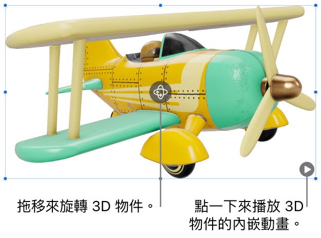 一個 3D 物件的中央有「旋轉」按鈕，有下方有「播放」按鈕。
