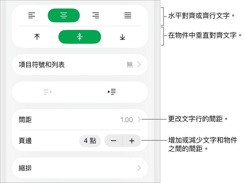 「格式」檢閱器的「佈局」部分，說明文字指向文字對齊方式和間距按鈕。