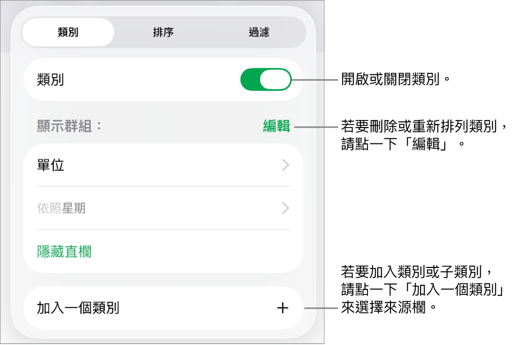 iPad 版的「類別」選單包含以下選項：關閉類別、刪除類別、重新分類資料、隱藏來源欄和加入類別。