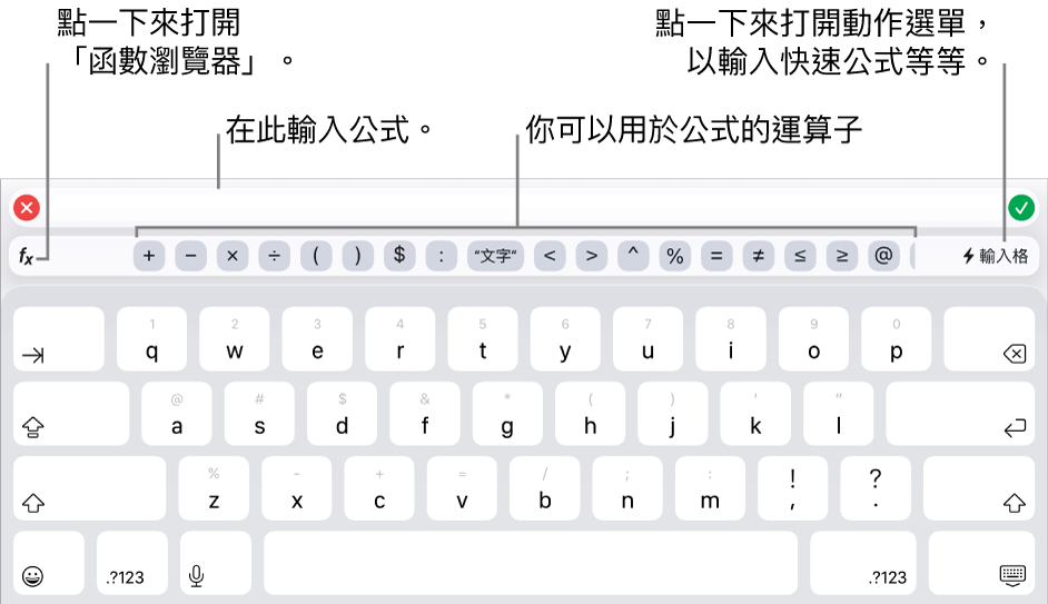 公式鍵盤,最上方是「公式編輯器」,下方是用於公式的運算子。用於開啟「函數瀏覽器」的「函數」按鈕位於運算子左側,「動作」選單按鈕位於右側。