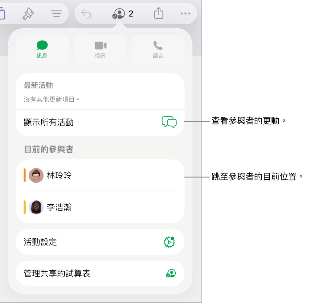 合作選單列出目前的參與者。
