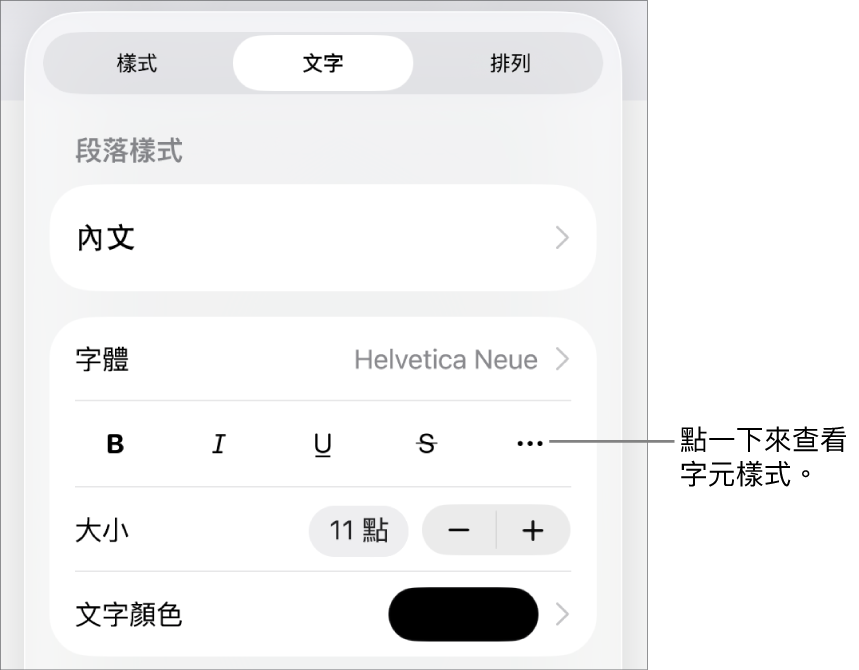 帶有段落樣式的「格式」控制項目位於最上方，然後是「字體」控制項目。「字體」下方為「粗體」、「斜體」、「底線」、「刪除線」和「更多文字選項」按鈕。