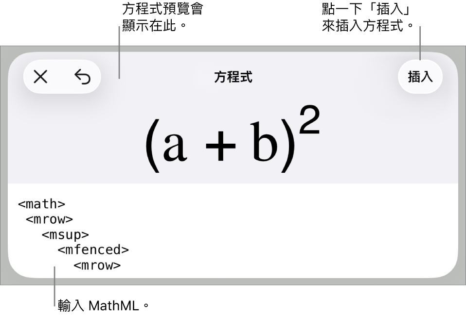 「方程式」對話框，顯示使用 MathML 指令寫入的方程式，上方是公式的預覽。