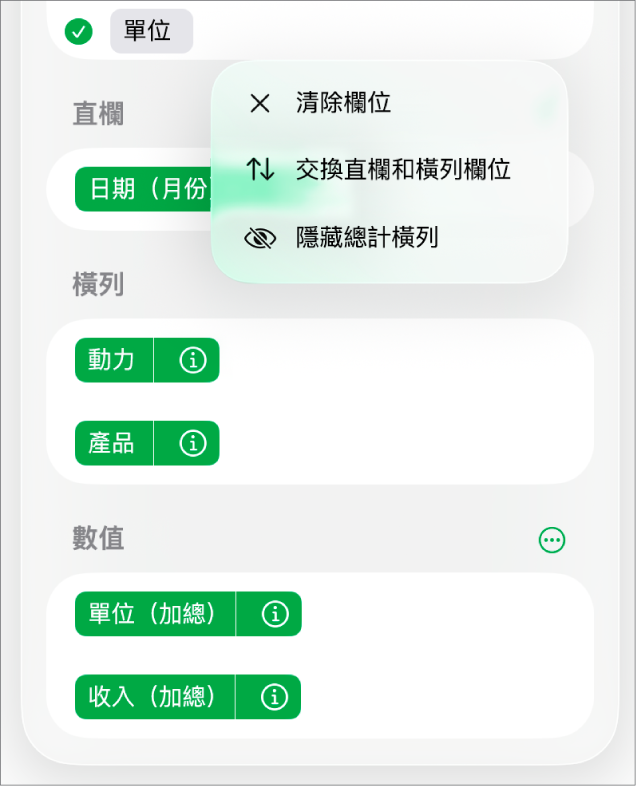 「更多欄位選項」選單，顯示隱藏總計的控制項目、交換直欄和橫列欄位，以及清除欄位。