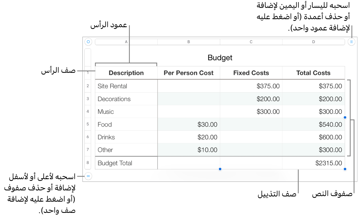 جدول يعرض أعمدة وصفوف الرأس، والمحتوى، والتذييل، والمقابض لإضافة الصفوف والأعمدة أو حذفها.