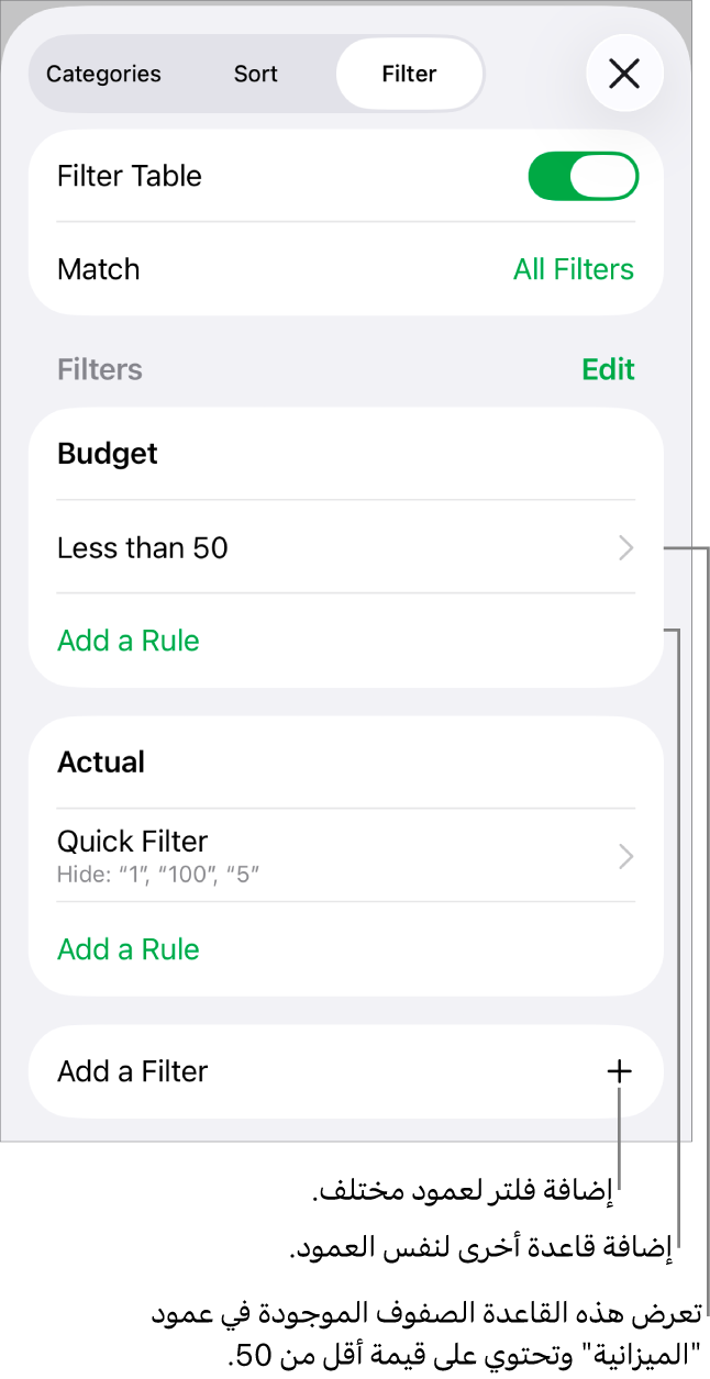 عناصر التحكم لإضافة قواعد تصفية جديدة أو تعديل القواعد الموجودة.