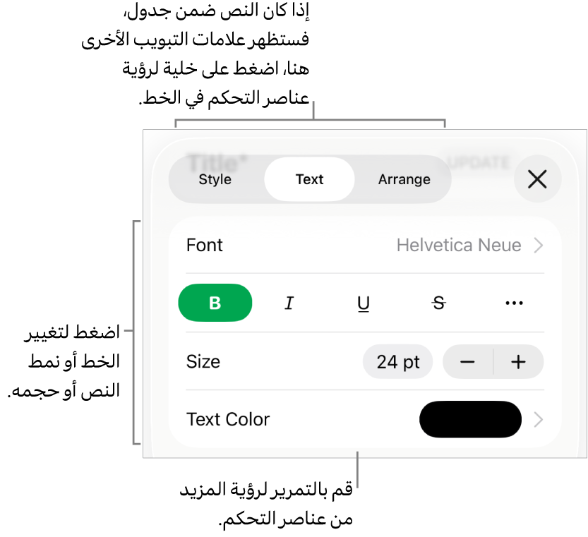 عناصر التحكم في النص في قائمة التنسيق لإعداد أنماط الأحرف والفقرات، والخط، والحجم، واللون.