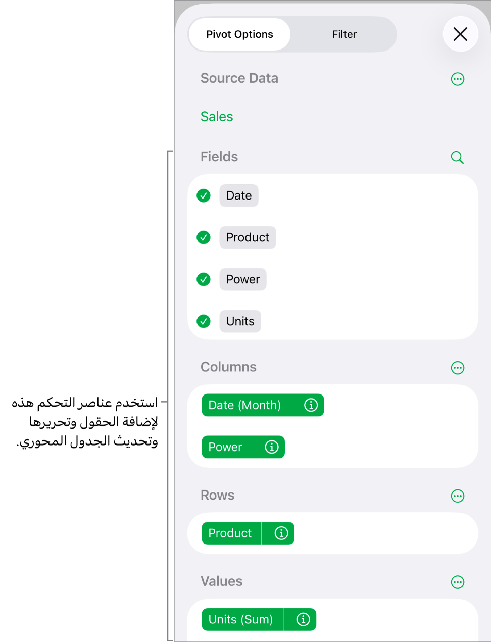 قائمة خيارات المحور تعرض الحقول في أقسام الأعمدة والصفوف والقيم، وكذلك عناصر تحكم لتعديل الحقول.