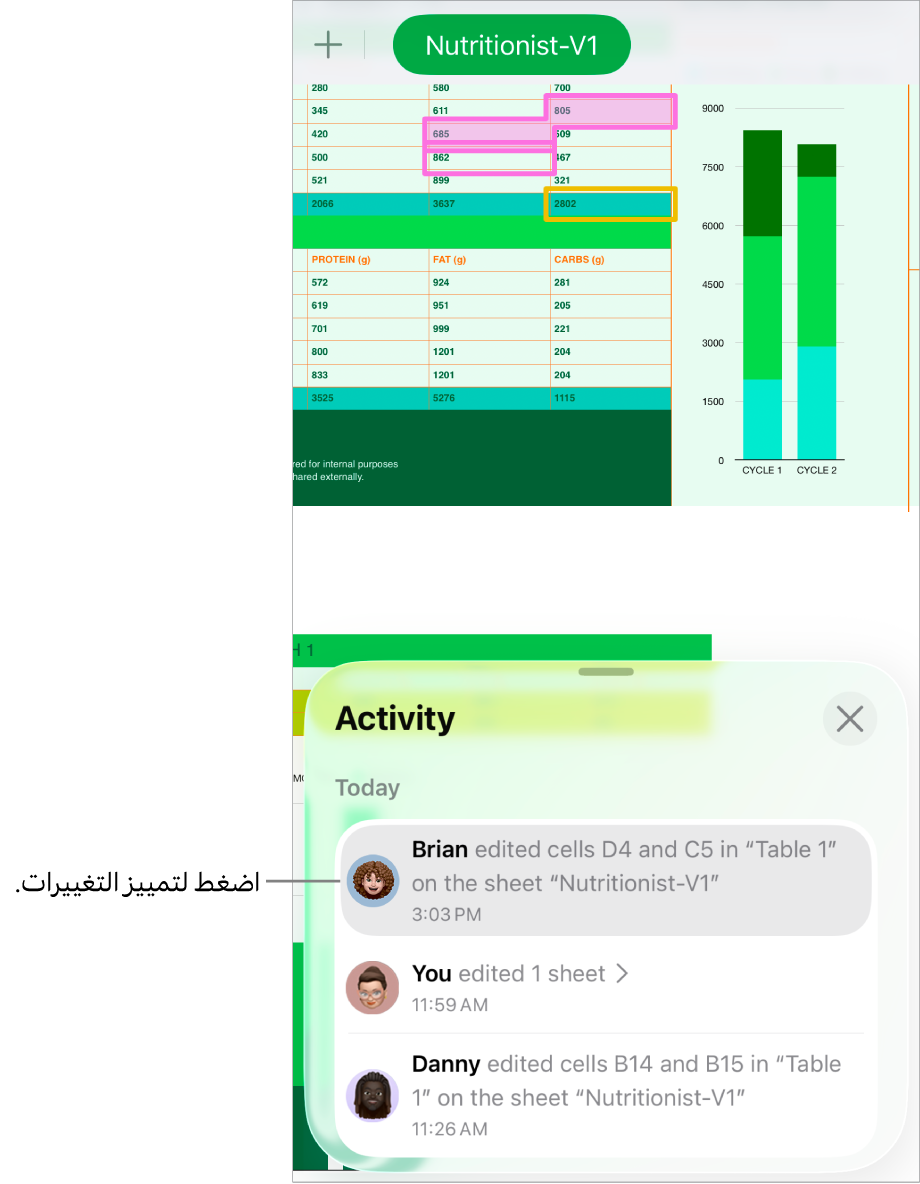 جدول بيانات تعاوني مفتوح عليه كل من قائمة التعاون وقائمة الأنشطة.