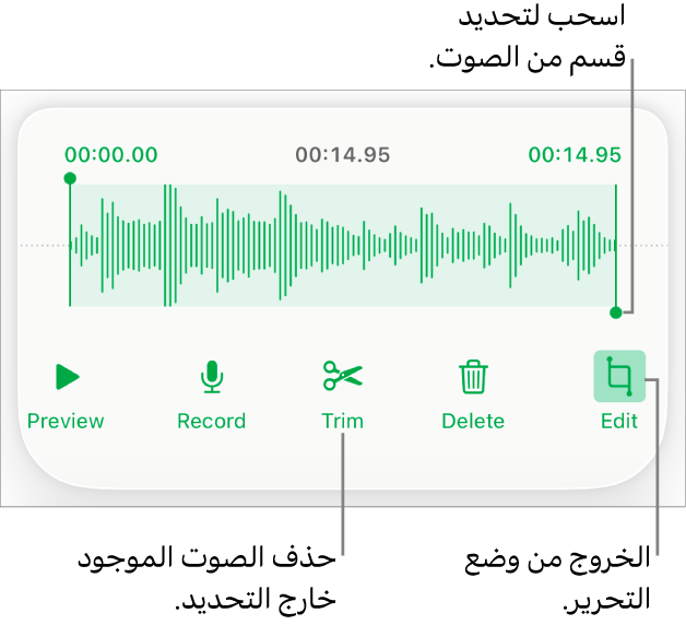 أدوات التحكم لتعديل الملف الصوتي المسجَّل. يوضح المؤشران القسم المحدد من التسجيل، وتوجد بالأسفل أزرار معاينة وتسجيل وقص وحذف ووضع التعديل.