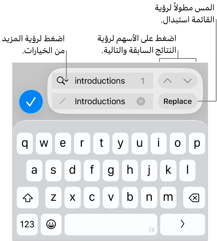 عناصر تحكم البحث والاستبدال أعلى لوحة المفاتيح مع وسائل شرح لأزرار خيارات البحث والاستبدال والانتقال لأعلى والانتقال لأسفل.