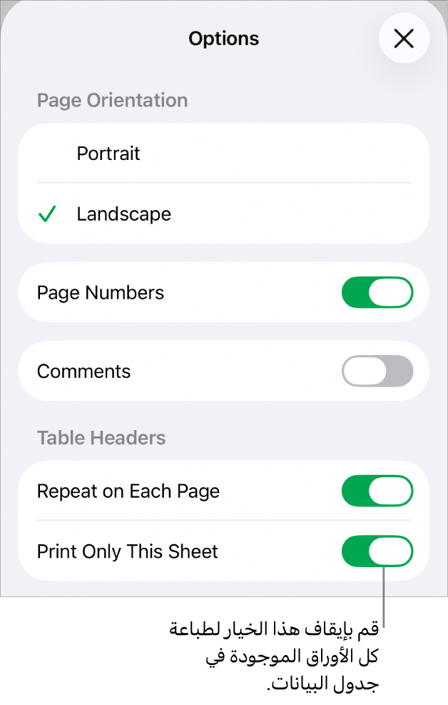 خيارات الطباعة الخاصة باختيار اتجاه الصفحة، وإظهار أرقام الصفحات ورؤوسها، واختيار حجم الورقة والصفحات المطلوب طباعتها.