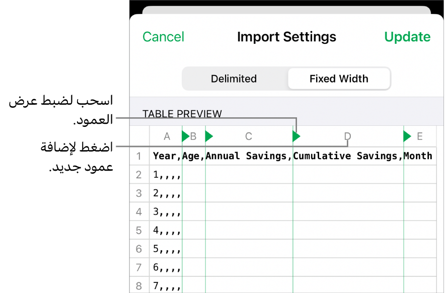 إعدادات الاستيراد لملف نصي ثابت العرض.