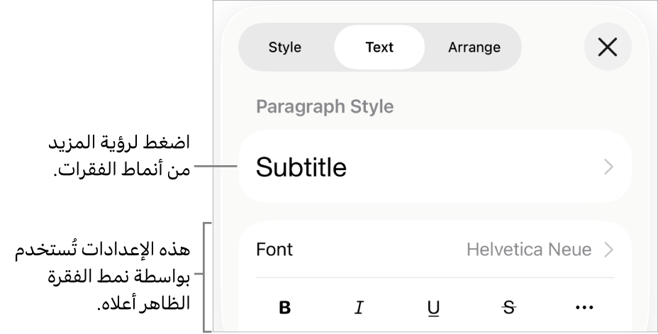 القائمة تنسيق تعرض عناصر التحكم في النص لإعداد أنماط الأحرف والفقرات والخط والحجم واللون.