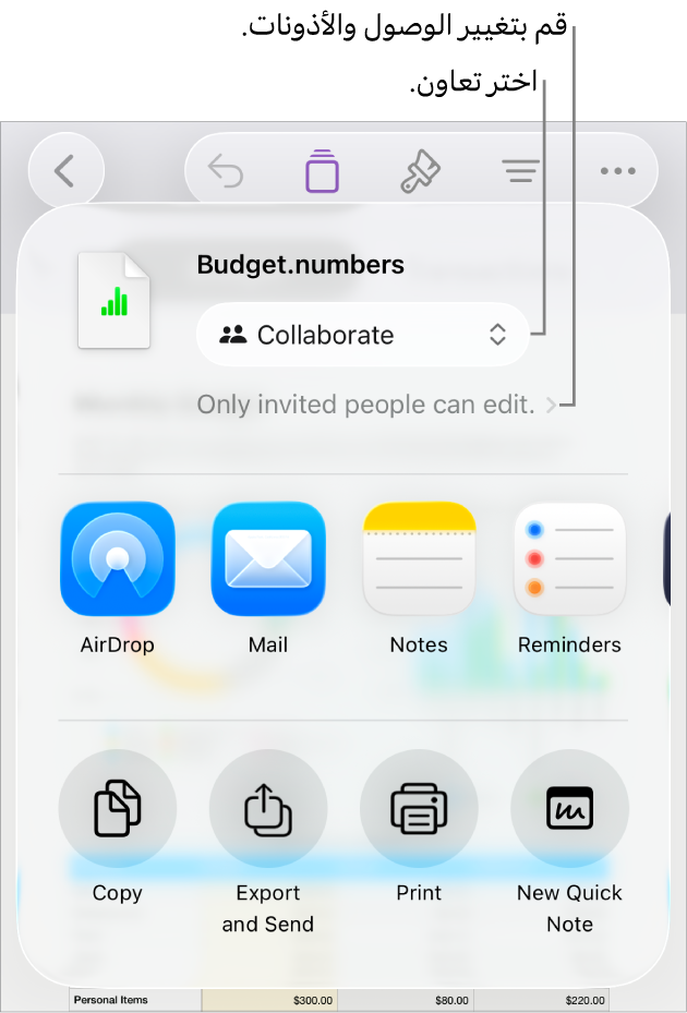 القائمة مشاركة حيث يظهر بها الخيار تعاون محددًا في الجزء العلوي، وإعدادات الوصول والأذونات في الجزء السفلي.